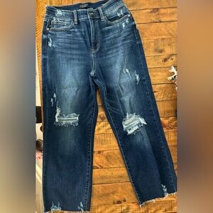 Judy Blue Women's Distressed Flare Jeans - Dark Blue
